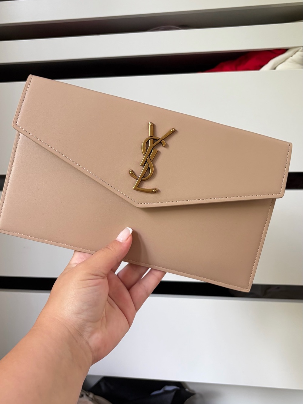 Saint Laurent Beige Leather Envelope Clutch with Gold YSL Logo